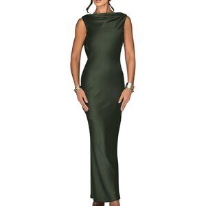 Women's  Army Green Elegant Sleeveless High Neck Tie Cocktail Wedding Party Maxi